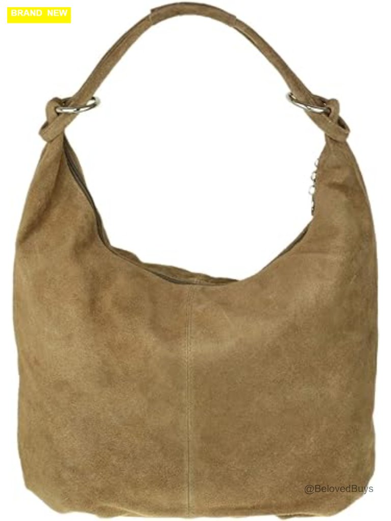 Italian Suede Leather Oversized Hobo Shoulder Bag With Top Zip